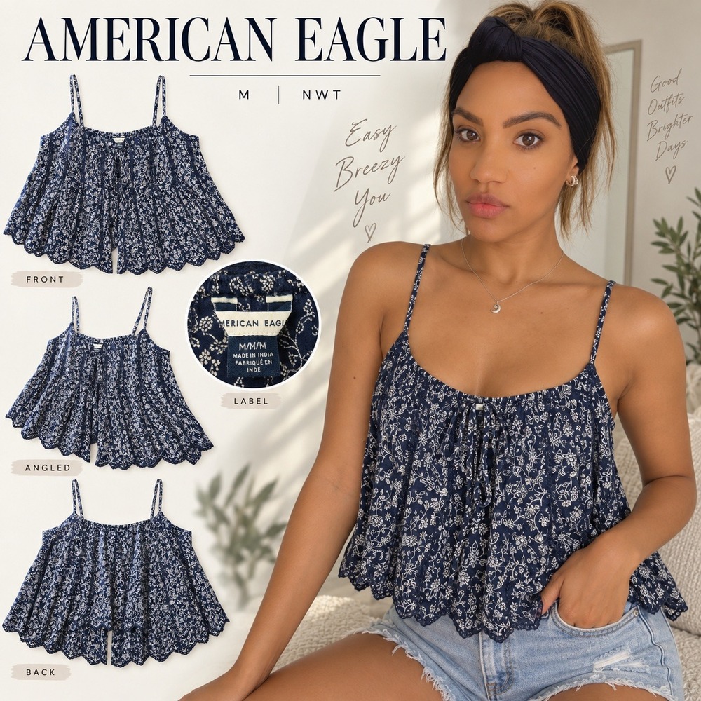 American Eagle Floral Cami Top Navy Blue Crochet Lace Tiered Ruffle Medium NWT